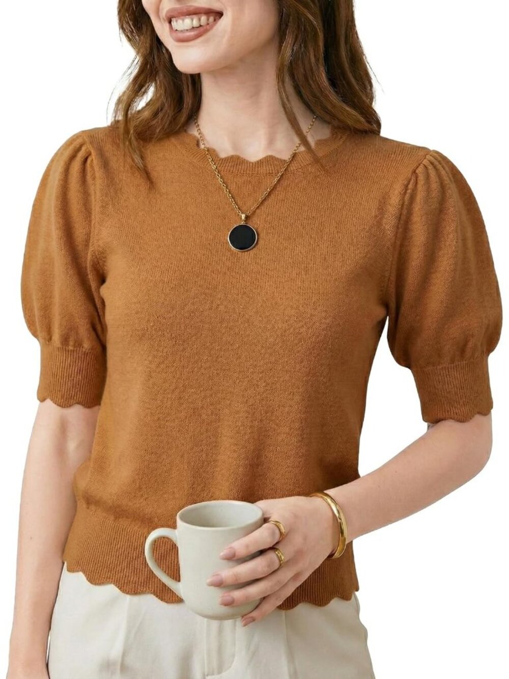 Women's Mustard Yellow Short Sleeve Crew Neck Pull On Imported Casual Sweater